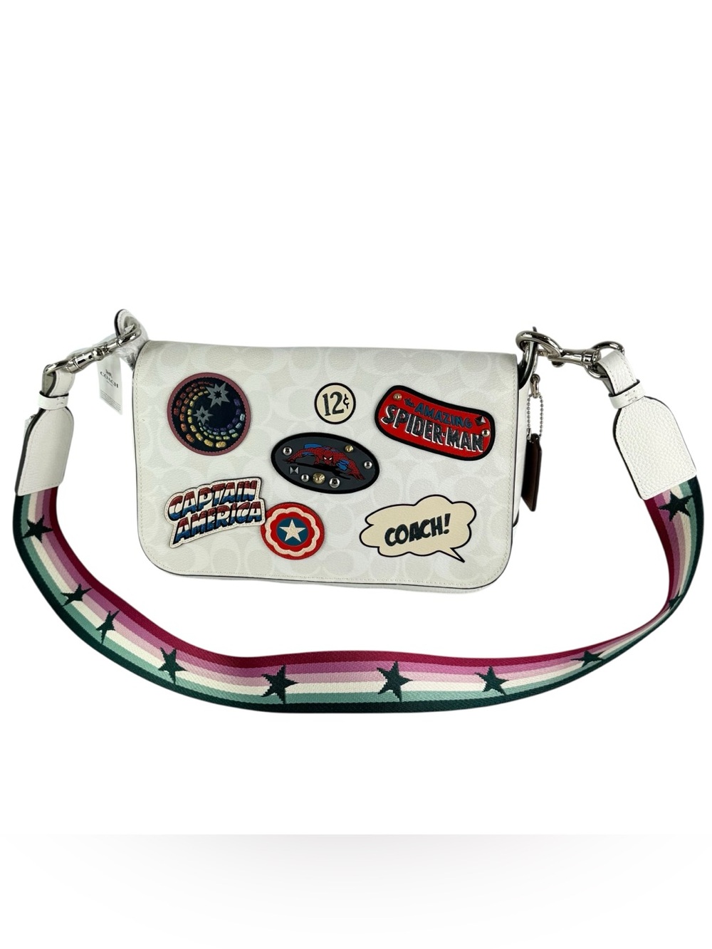 COACH Marvel Patches Jes White Leather and Canvas Messenger Crossbody Bag